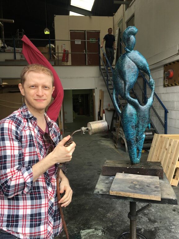 Greg Gilbert (the artist) with my sculpture of his 'Mother and Child' picture at the Morris Singer foundry