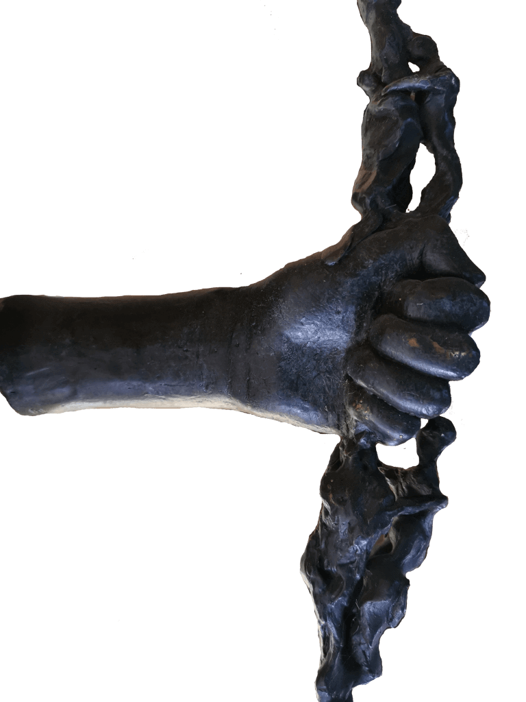 This is a colour photo of a fine art bronze sculpture. It is of a naked left hand holding a longbow vertically and we are looking at a closeup of the palm of the hand. The bow has no string. It is not a conventional wooden bow, but it is formed exclusively of many small, apparently naked, human bodies, possibly children. It is a 3D interpretation of the drawing by Kahlil Gibran for the chapter entitled 'Children' from his book The Prophet.