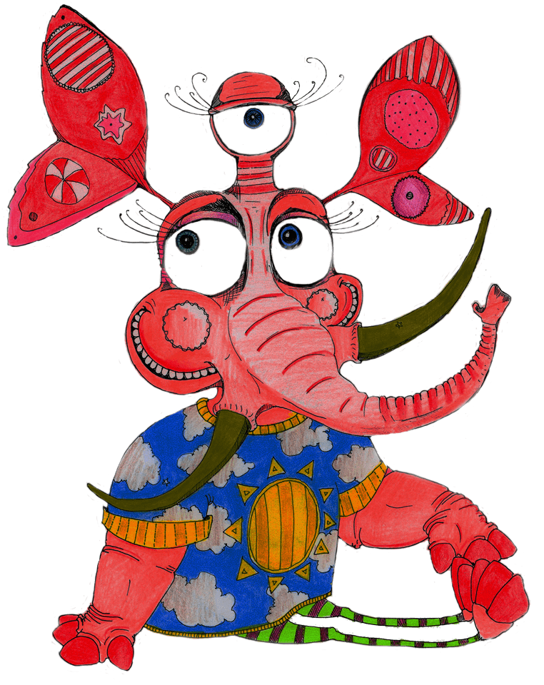 A red cartoon character resembling an elephant with two thin legs, three eyes, brown tusks and ears on stalks. It is wearing a blue t-shirt and green and red striped leggings.