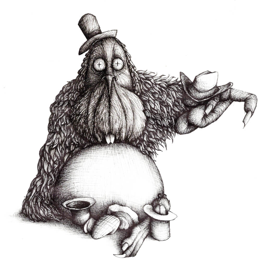 Black and white drawing of a mythical hat maker creature sitting. Wearing a hat and with hats of all types at its feet. Two long incisors, furry above the waist, smooth-skinned below.